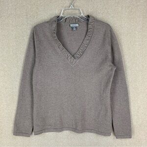 Charter Club 100% 2Ply Cashmere Sweater Size Large Brown V Neck Pullover Ruffle